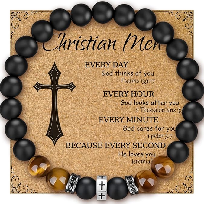 8mm Tiger eye bead Christian bracelet Black Cross Beaded Bracelet Religious men's jewelry gift