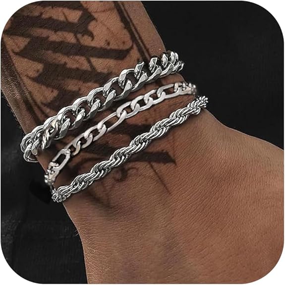 Senteria 3 Pcs Stainless Steel Bracelet for Men Women Adjustable Sturdy Rope Figaro Cuban Link Bracelet Set Stack Chain Bracelets for Men Dad Husband 7/8 Inches