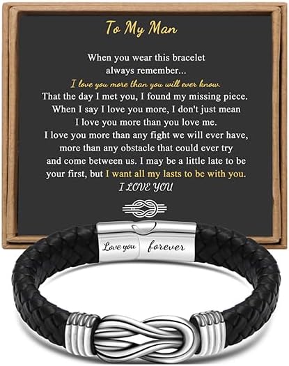 Gift for Men Black Braided Leather Infinity Bracelet for Men Dad Husband Boyfriend Son Grandson Brother Nephew Uncle Forever Linked Together Stainless Steel Engraved with Love You Forever Jewelry 7.5|8.5|9 Inches