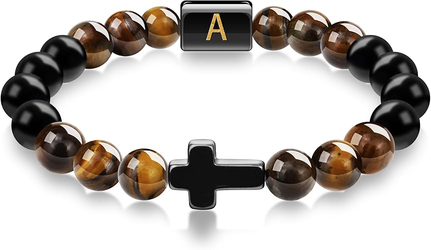 Gifts for Dad Husband Grandpa Boyfriend Son, Cross Bracelet for Men Initial Bracelet Natural Stone Tigers Eye Beaded Bracelets Christian Religious Birthday Gifts for Men Teen Boys