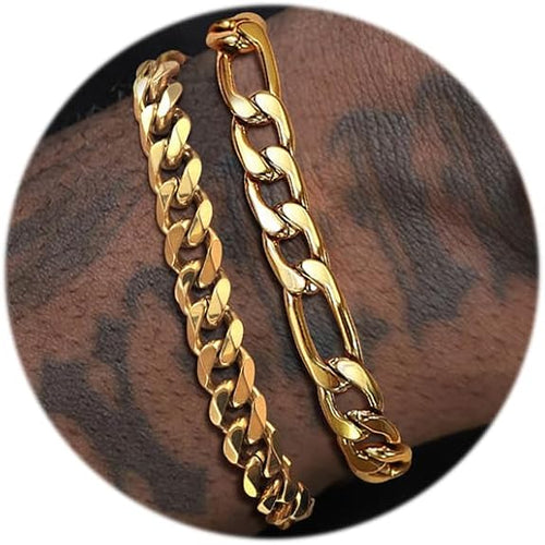 2Pcs Stainless Steel Bracelets for Men Gold Silver Cuban Link Figaro Rope Chain Bracelet Set Curb Width Sturdy Bracelet 7.5/8.3/9 Inches Jewelry Gifts for Dad Boyfriend Husband