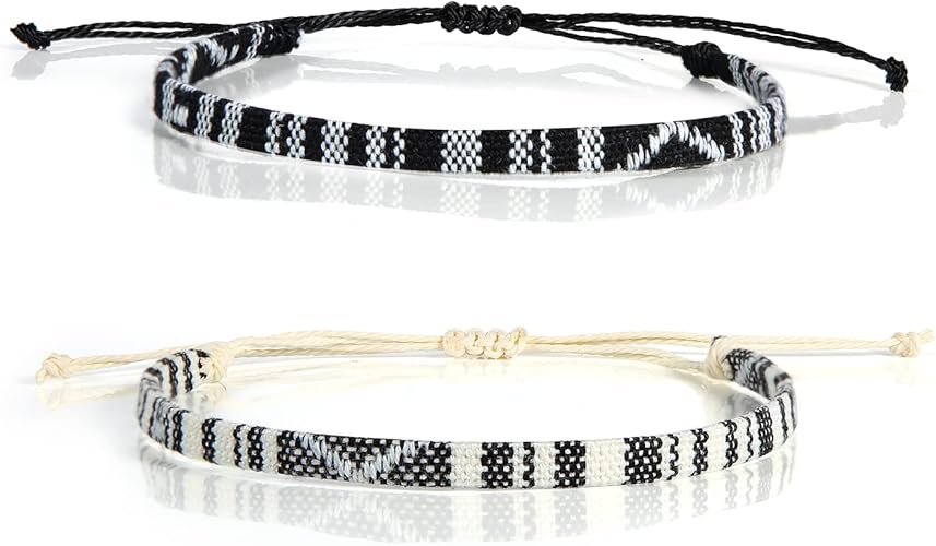 2pcs Surfer Beach Bracelets, 7.1-14.2inch Adjustable Surfer String Bracelet Braided Boho Summer Bracelets Ankles Unisex Handmade Braided Wrist Chain for Women Men (Black, White)