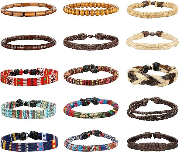 LOYALLOOK 15pcs Men Women Linen Hemp Cords Wood Beads Ethnic Tribal Bracelets Leather Wristbands