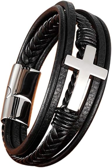 Multi-Layer Braided Leather Bracelets with Magnetic Clasp Mens Cuff Bracelets for Men Genuine Leather Bracelet Religious Leather Bracelets decorate Gift
