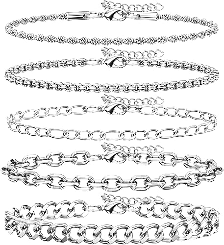 5PCS Stainless Steel Bracelets for Men, Silver Gold Black Sturdy Cuban Link Box Rope Chain Paperclip Figaro Bracelet for Women Men Jewelry Set