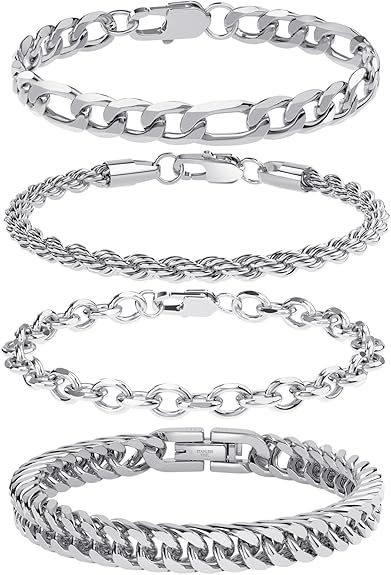 UHIBROS 316L Stainless Steel Chain Bracelet for Men Women, 18K Gold Sturdy Metal Link, Silver Black Cuban/Figaro/Paperclip/Rope Fashion Jewelry Set for Dad, Boyfriend, Husband, Girlfriend