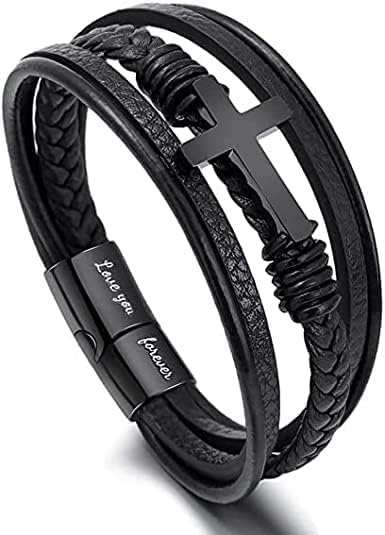 to My Son Pray Through It Leather Cross Bracelet,Multilayer Leather Bracelets For Men Magnetic Clasp, Stainless Steel Magnetic Closure Bracelets,Son Graduation Birthday Gift from Mom