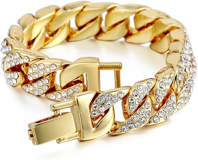 Mens Womens Cuban Link Bracelet Hip Hop Bracelet Stainless Steel Chain Bracelet Iced Out Curb Cuban 18k Gold Plated Bracelet With Clear Rhinestones