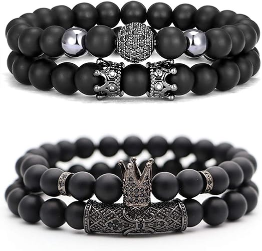 CASDAN 4 PCS Bracelets for Men Women Friendship Lava Stone Crown Bead Bracelets 8MM Natural Essential Oil Diffuser Beads Bangles Gifts