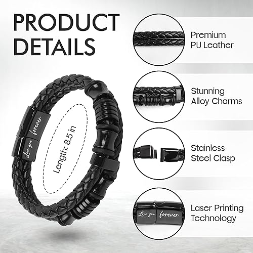 TEEZWONDER Bracelet Gifts For Men Dad - Double-Row Black Braided Leather Bracelet - Christmas Birthday Gifts For Him, Wedding Anniversary Presents for Husband from Wife