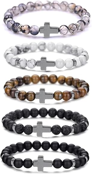 Cross Bead Bracelet for Men Women,8mm Tiger Eye, Lava Rock, Black Obsidian Healing Crystal Beaded Bracelets,Natural Protection Stone Bracelets Jewelry Gifts for Men Women