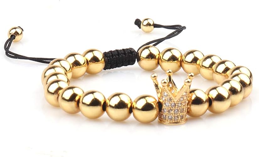 GVUSMIL Imperial Gold Crown 8mm Beads Bracelets Luxury CZ Italian Style Charm King Royal Bracelet for Men