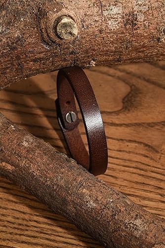 HAQUIL Rustic Brown Genuine Leather Single Wrap Bracelet with Stainless Steel Snap Clasp for Men
