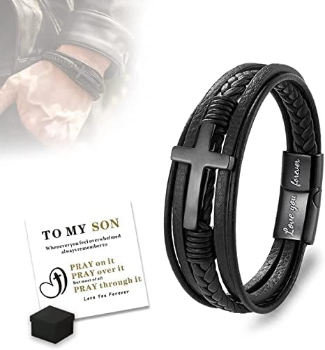 to My Son Pray Through It Leather Cross Bracelet,Multilayer Leather Bracelets For Men Magnetic Clasp, Stainless Steel Magnetic Closure Bracelets,Son Graduation Birthday Gift from Mom