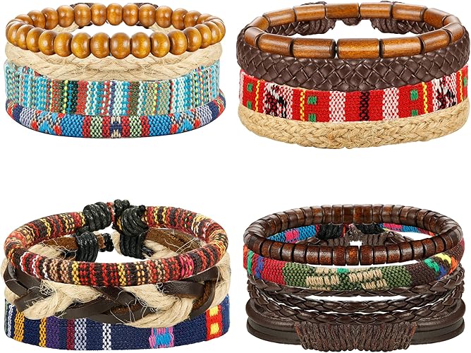 LOYALLOOK 15pcs Men Women Linen Hemp Cords Wood Beads Ethnic Tribal Bracelets Leather Wristbands