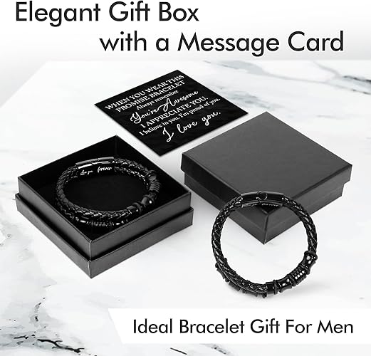 TEEZWONDER Bracelet Gifts For Men Dad - Double-Row Black Braided Leather Bracelet - Christmas Birthday Gifts For Him, Wedding Anniversary Presents for Husband from Wife