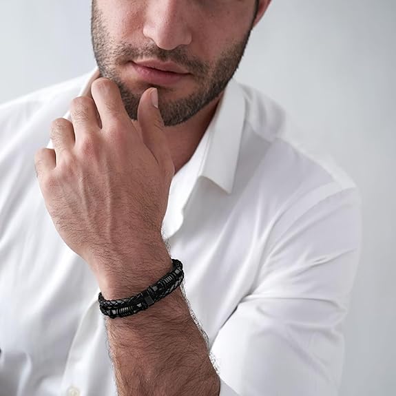 𝐆𝐢𝐟𝐭 𝐟𝐨𝐫 𝐌𝐞𝐧 Braided 𝐋𝐞𝐚𝐭𝐡𝐞𝐫 𝐁𝐫𝐚𝐜𝐞𝐥𝐞𝐭 for Men Dad Husband Boyfriend Son Grandson Brother Stainless Steel Clasp Engraved with Love You Forever Jewelry Birthday Gift 7.5 8.5 9 Inch