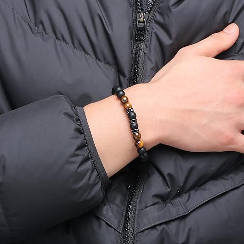 JoycuFF Men's Cool Bracelet for Man Unique Man Jewelry Tiger Eye Stone Bracelet Birthday Christmas Gifts for Him Beaded Braclet for Him