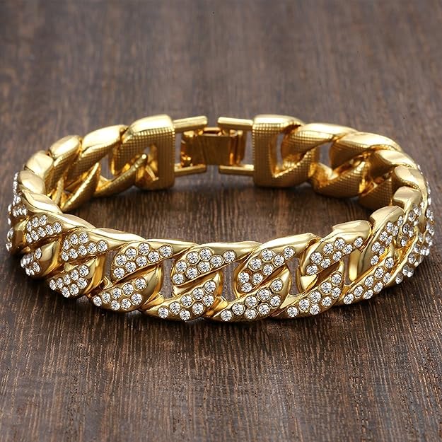 Mens Womens Cuban Link Bracelet Hip Hop Bracelet Stainless Steel Chain Bracelet Iced Out Curb Cuban 18k Gold Plated Bracelet With Clear Rhinestones