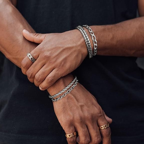 UHIBROS 316L Stainless Steel Chain Bracelet for Men Women, 18K Gold Sturdy Metal Link, Silver Black Cuban/Figaro/Paperclip/Rope Fashion Jewelry Set for Dad, Boyfriend, Husband, Girlfriend