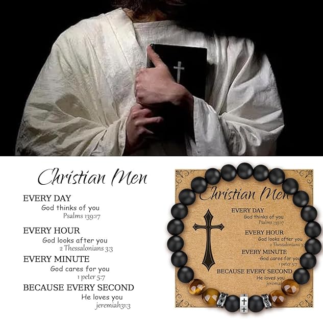 8mm Tiger eye bead Christian bracelet Black Cross Beaded Bracelet Religious men's jewelry gift