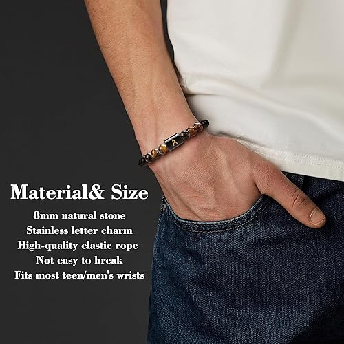 Gifts for Dad Husband Grandpa Boyfriend Son, Cross Bracelet for Men Initial Bracelet Natural Stone Tigers Eye Beaded Bracelets Christian Religious Birthday Gifts for Men Teen Boys
