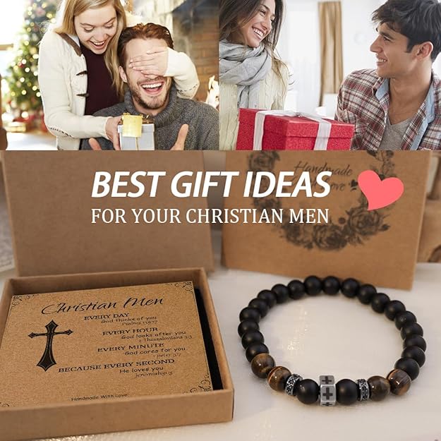8mm Tiger eye bead Christian bracelet Black Cross Beaded Bracelet Religious men's jewelry gift