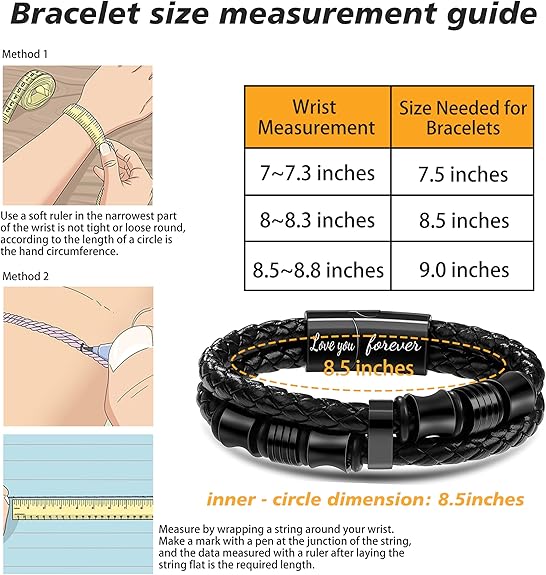 𝐆𝐢𝐟𝐭 𝐟𝐨𝐫 𝐌𝐞𝐧 Braided 𝐋𝐞𝐚𝐭𝐡𝐞𝐫 𝐁𝐫𝐚𝐜𝐞𝐥𝐞𝐭 for Men Dad Husband Boyfriend Son Grandson Brother Stainless Steel Clasp Engraved with Love You Forever Jewelry Birthday Gift 7.5 8.5 9 Inch