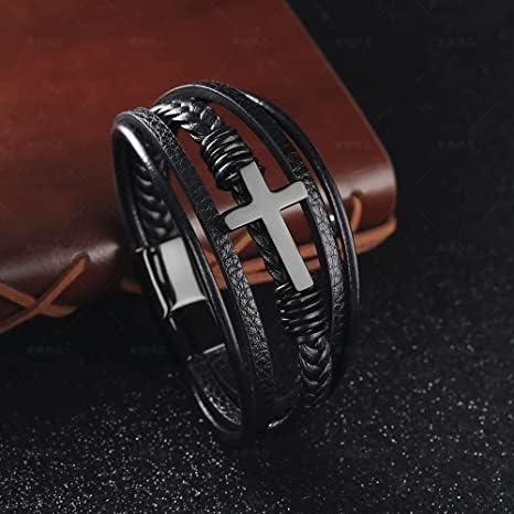 to My Son Pray Through It Leather Cross Bracelet,Multilayer Leather Bracelets For Men Magnetic Clasp, Stainless Steel Magnetic Closure Bracelets,Son Graduation Birthday Gift from Mom