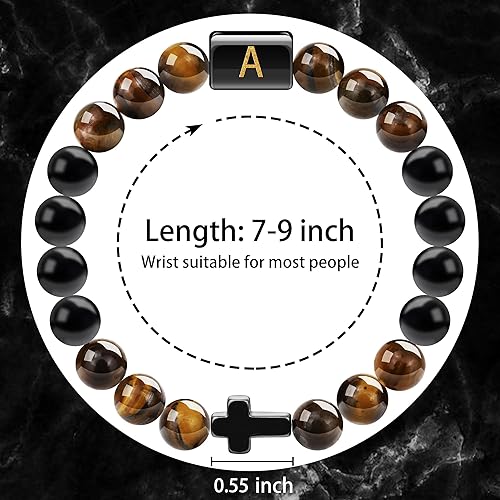 Gifts for Dad Husband Grandpa Boyfriend Son, Cross Bracelet for Men Initial Bracelet Natural Stone Tigers Eye Beaded Bracelets Christian Religious Birthday Gifts for Men Teen Boys