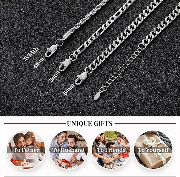 Senteria 3 Pcs Stainless Steel Bracelet for Men Women Adjustable Sturdy Rope Figaro Cuban Link Bracelet Set Stack Chain Bracelets for Men Dad Husband 7/8 Inches