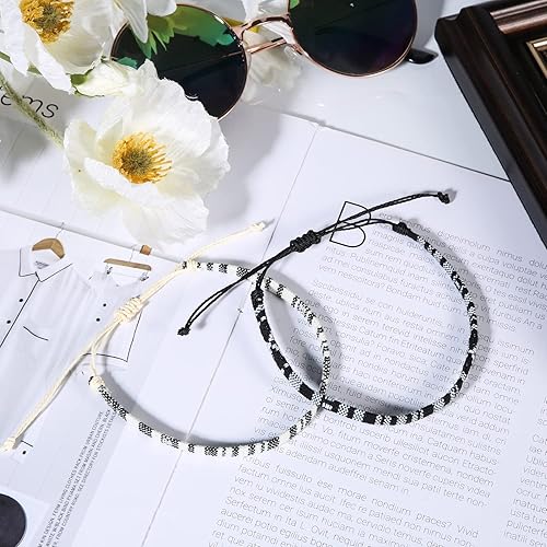2pcs Surfer Beach Bracelets, 7.1-14.2inch Adjustable Surfer String Bracelet Braided Boho Summer Bracelets Ankles Unisex Handmade Braided Wrist Chain for Women Men (Black, White)