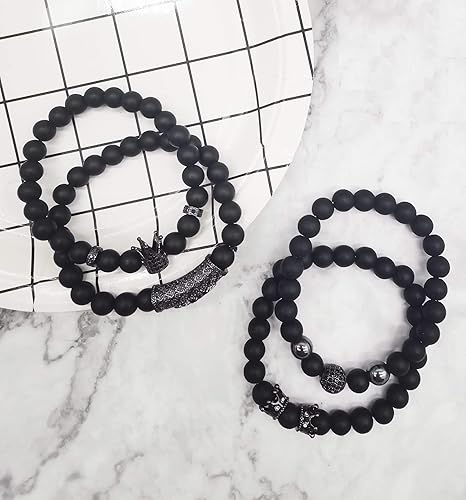 CASDAN 4 PCS Bracelets for Men Women Friendship Lava Stone Crown Bead Bracelets 8MM Natural Essential Oil Diffuser Beads Bangles Gifts