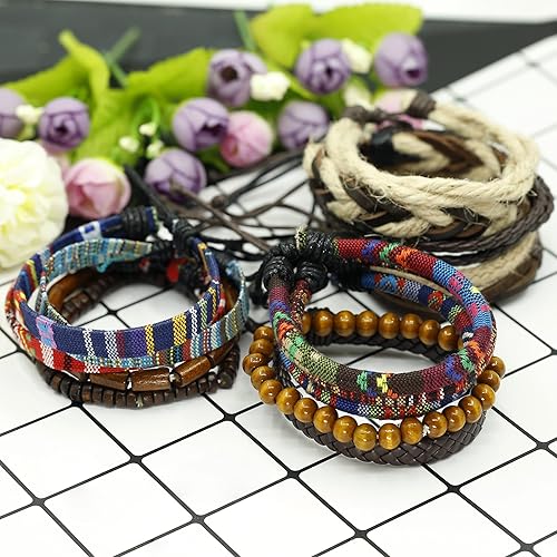 LOYALLOOK 15pcs Men Women Linen Hemp Cords Wood Beads Ethnic Tribal Bracelets Leather Wristbands