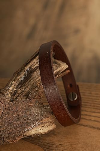HAQUIL Rustic Brown Genuine Leather Single Wrap Bracelet with Stainless Steel Snap Clasp for Men