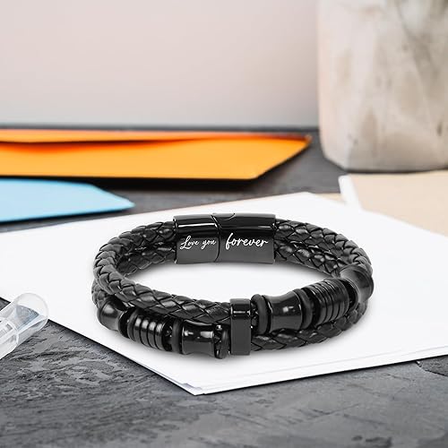 TEEZWONDER Bracelet Gifts For Men Dad - Double-Row Black Braided Leather Bracelet - Christmas Birthday Gifts For Him, Wedding Anniversary Presents for Husband from Wife