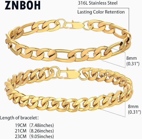 2Pcs Stainless Steel Bracelets for Men Gold Silver Cuban Link Figaro Rope Chain Bracelet Set Curb Width Sturdy Bracelet 7.5/8.3/9 Inches Jewelry Gifts for Dad Boyfriend Husband