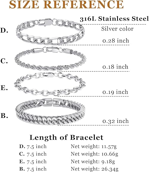 UHIBROS 316L Stainless Steel Chain Bracelet for Men Women, 18K Gold Sturdy Metal Link, Silver Black Cuban/Figaro/Paperclip/Rope Fashion Jewelry Set for Dad, Boyfriend, Husband, Girlfriend