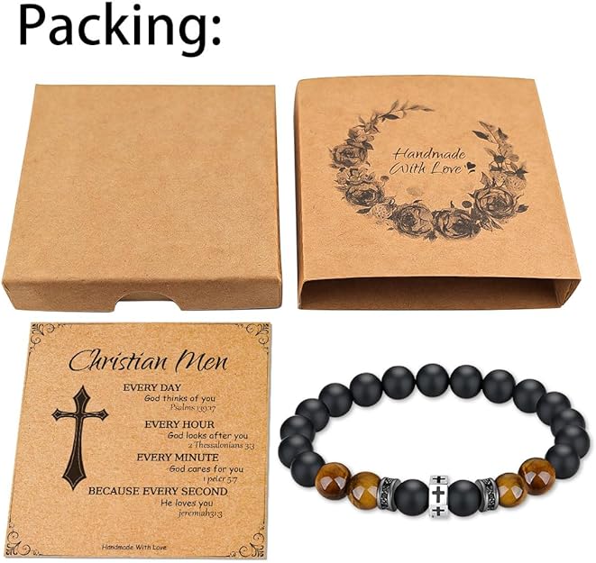8mm Tiger eye bead Christian bracelet Black Cross Beaded Bracelet Religious men's jewelry gift