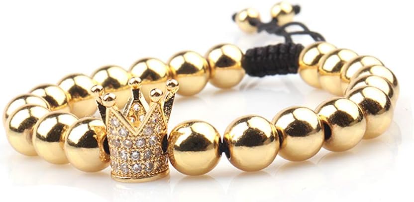 GVUSMIL Imperial Gold Crown 8mm Beads Bracelets Luxury CZ Italian Style Charm King Royal Bracelet for Men