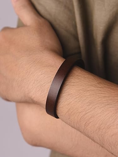 HAQUIL Rustic Brown Genuine Leather Single Wrap Bracelet with Stainless Steel Snap Clasp for Men