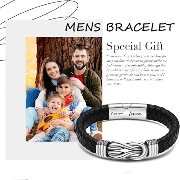 Gift for Men Black Braided Leather Infinity Bracelet for Men Dad Husband Boyfriend Son Grandson Brother Nephew Uncle Forever Linked Together Stainless Steel Engraved with Love You Forever Jewelry 7.5|8.5|9 Inches