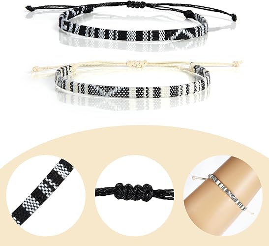 2pcs Surfer Beach Bracelets, 7.1-14.2inch Adjustable Surfer String Bracelet Braided Boho Summer Bracelets Ankles Unisex Handmade Braided Wrist Chain for Women Men (Black, White)