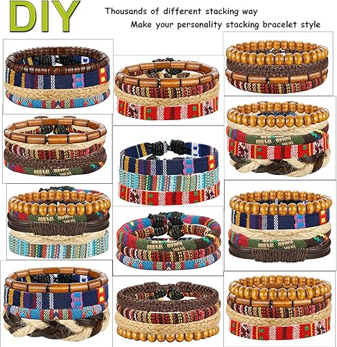 LOYALLOOK 15pcs Men Women Linen Hemp Cords Wood Beads Ethnic Tribal Bracelets Leather Wristbands