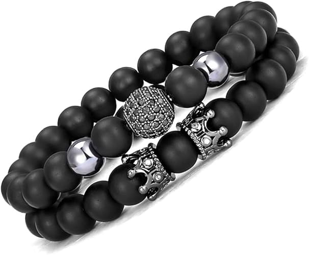 CASDAN 4 PCS Bracelets for Men Women Friendship Lava Stone Crown Bead Bracelets 8MM Natural Essential Oil Diffuser Beads Bangles Gifts