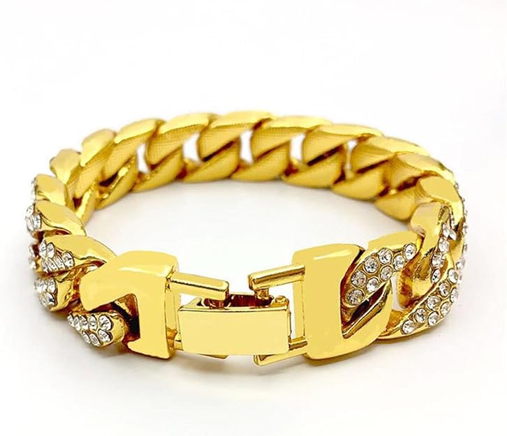 Mens Womens Cuban Link Bracelet Hip Hop Bracelet Stainless Steel Chain Bracelet Iced Out Curb Cuban 18k Gold Plated Bracelet With Clear Rhinestones