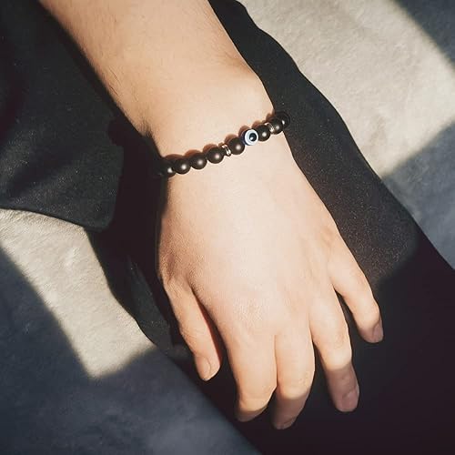 Blue Evil Eye Bracelets,Mens Bracelet,Evil Eye Lucky Bracelet for Protection Blessing,Black Bead Protection Jewelry Handmade Bracelet for Women Men Spiritual Gift