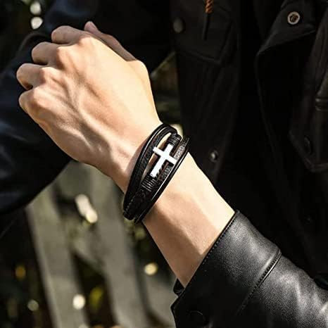 to My Son Pray Through It Leather Cross Bracelet,Multilayer Leather Bracelets For Men Magnetic Clasp, Stainless Steel Magnetic Closure Bracelets,Son Graduation Birthday Gift from Mom