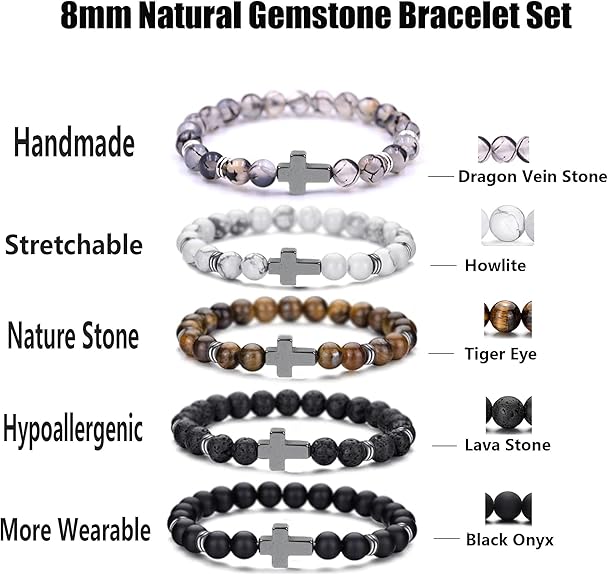 Cross Bead Bracelet for Men Women,8mm Tiger Eye, Lava Rock, Black Obsidian Healing Crystal Beaded Bracelets,Natural Protection Stone Bracelets Jewelry Gifts for Men Women