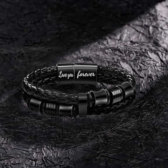 𝐆𝐢𝐟𝐭 𝐟𝐨𝐫 𝐌𝐞𝐧 Braided 𝐋𝐞𝐚𝐭𝐡𝐞𝐫 𝐁𝐫𝐚𝐜𝐞𝐥𝐞𝐭 for Men Dad Husband Boyfriend Son Grandson Brother Stainless Steel Clasp Engraved with Love You Forever Jewelry Birthday Gift 7.5 8.5 9 Inch